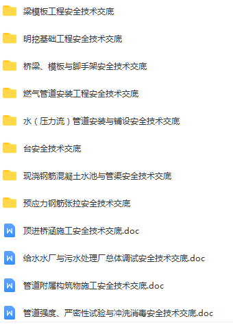 96份市政安全交底,Word可下载(钢桥制造、供热与燃气管道、梁钢筋、混凝土、模板、井基础、脚手架、砌体工程等) 96份市政安全交底,Word可下载(钢桥制造、供热与燃气管道、梁钢筋、混凝土、模板、井基础、脚手架、砌体工程等)